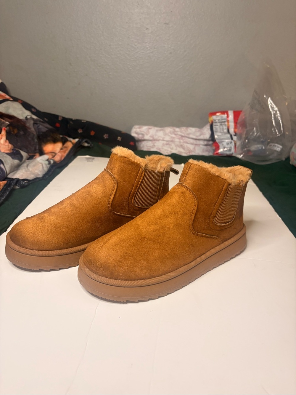 Woman Faux-Suede Fur-Lined Ankle Boots - Chestnut